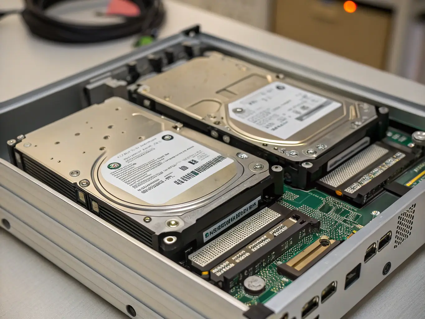 A close-up shot of a SEAGATE EXOS hard drive, showcasing its robust design and high-quality components, set against a backdrop of a modern data center server rack.